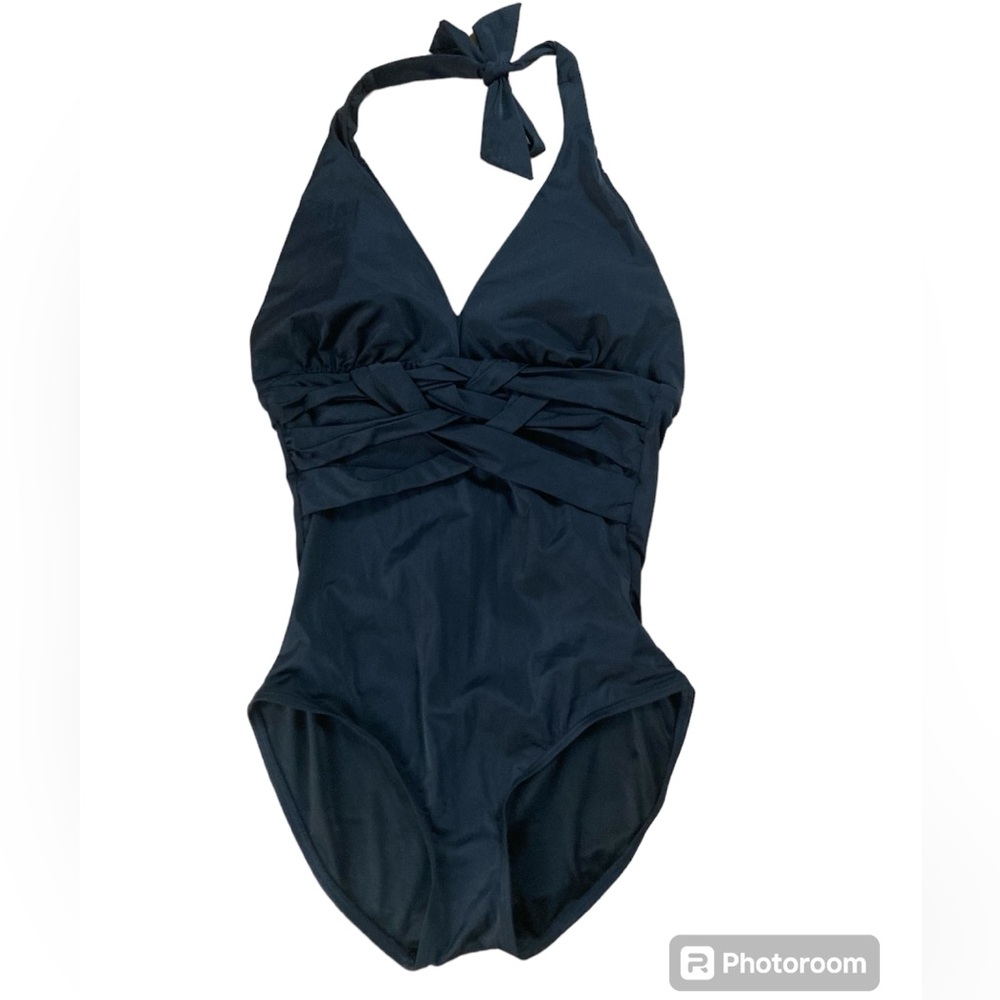 Spanx Criss-Cross Front Halter Tie One Piece Shaping Swimsuit size 10